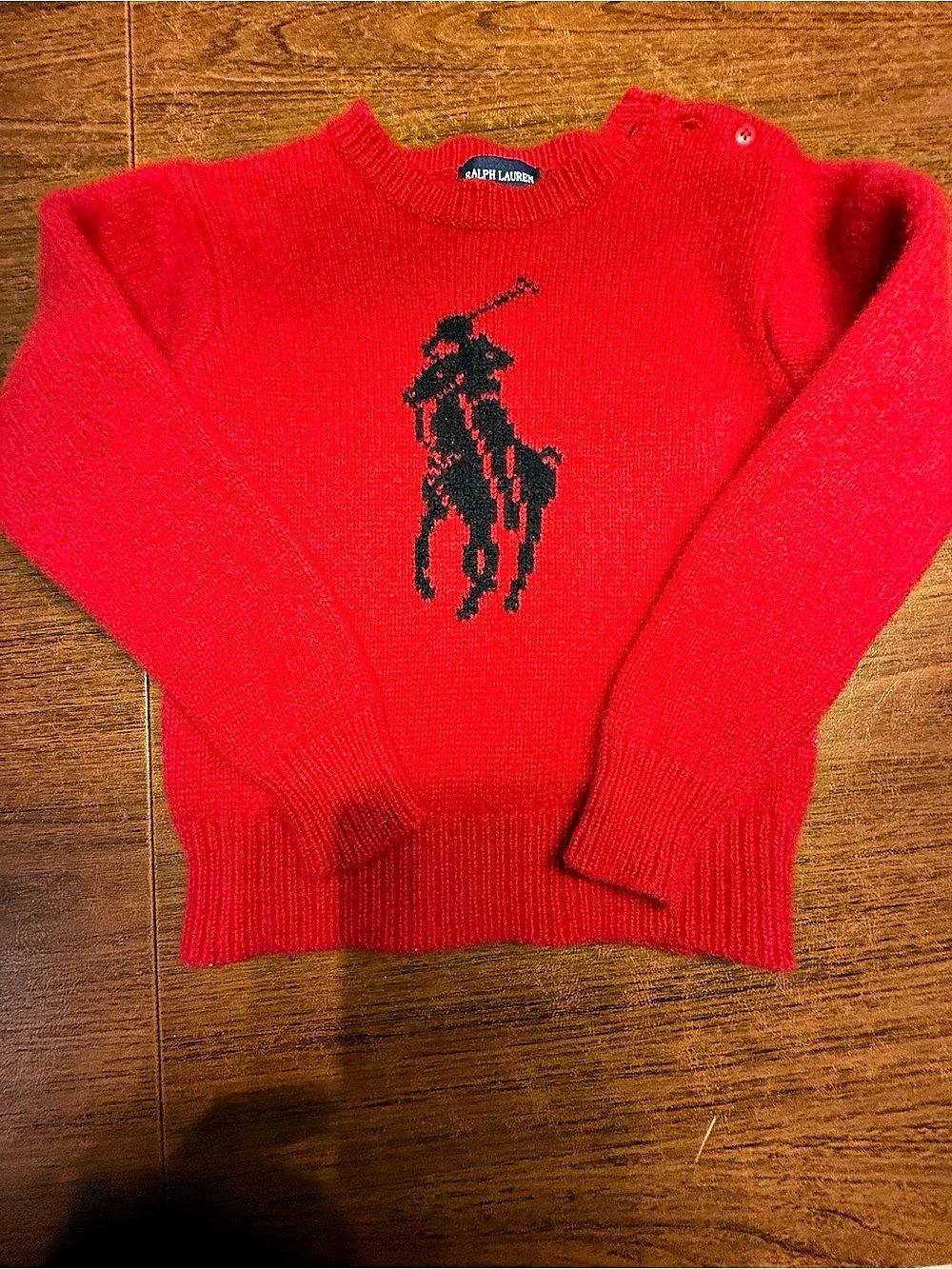 Vintage 90s Ralph Lauren 4T 100% Lambswool Big Pony Sweater Red Black Preppy